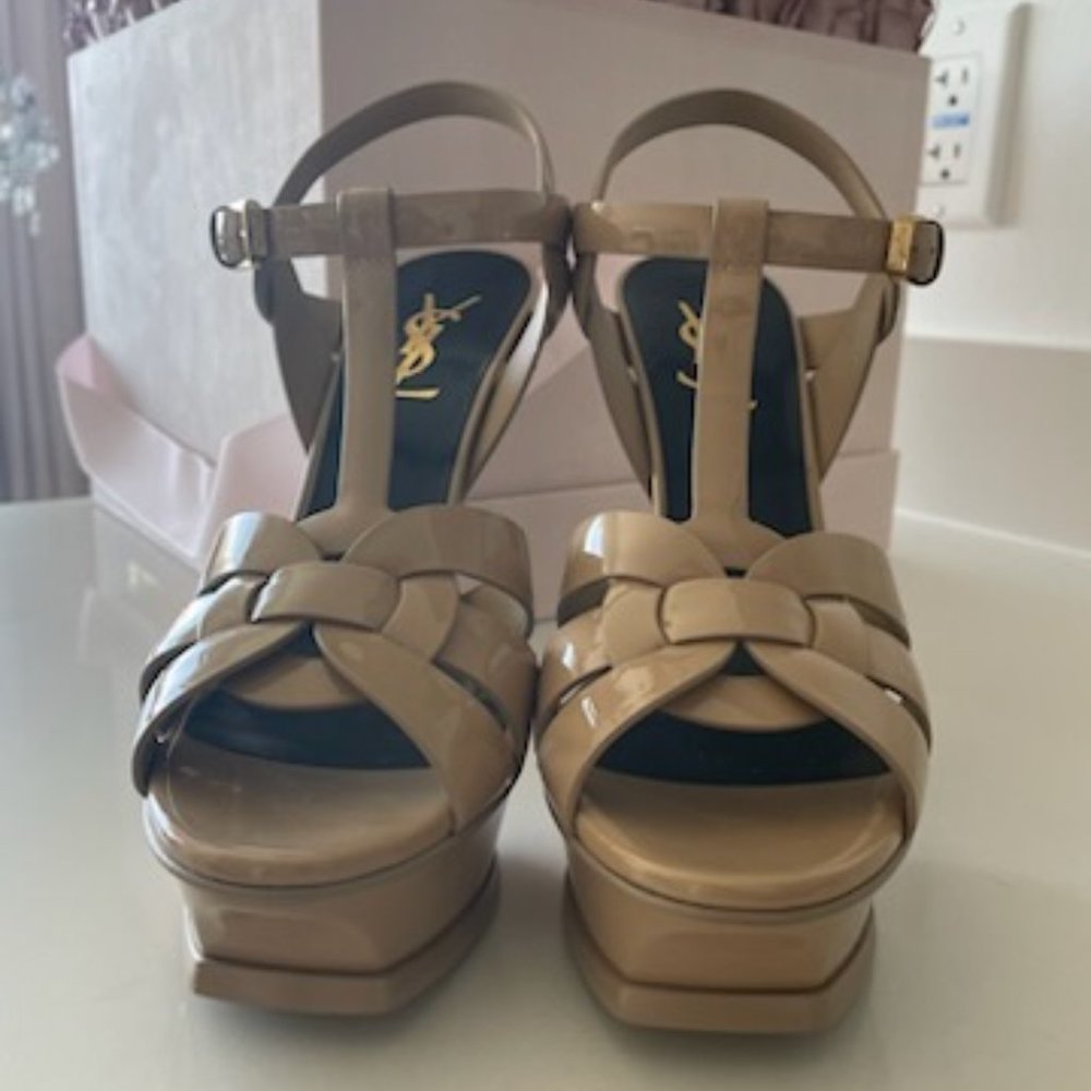 Saint Laurent Tribute Platform Sandals in Dark Beige Patent Leather